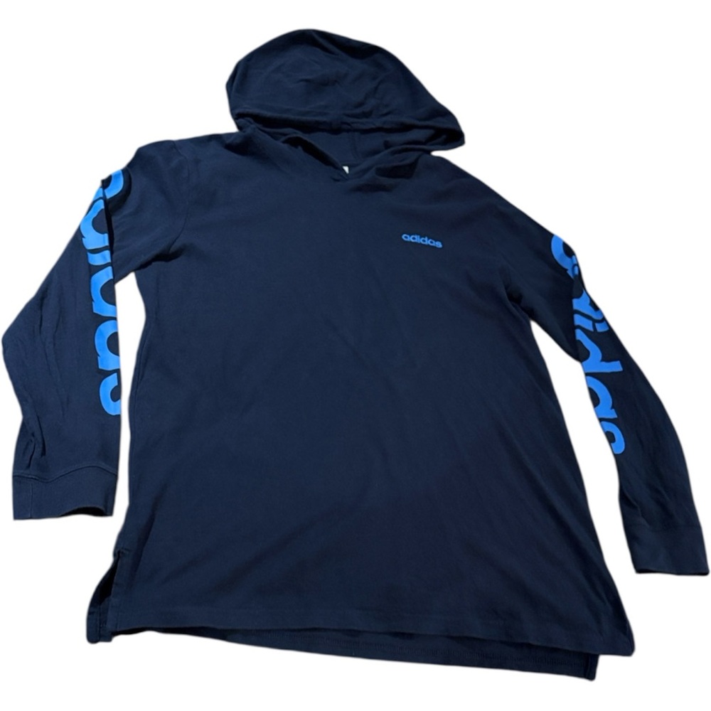 Adidas Navy Hooded Long-Sleeve Shirt with Bright Blue Sleeve Logo - size YL